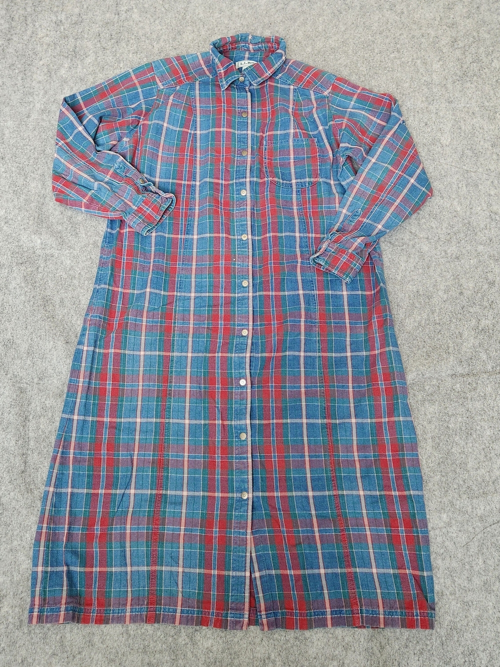 Vintage LL BEAN Windowpane Plaid Dress Women's 14 Petite Blue Chore Cottage USA
